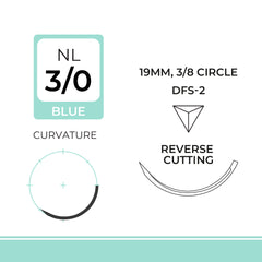 DemeLON, Nylon Monofilament Suture, Synthetic Non-absorbable, DFS-2, 19mm, 3/8 Circle, Reverse Cutting Needle, Blue, USP Size 3-0, 30 inches, (75cm)