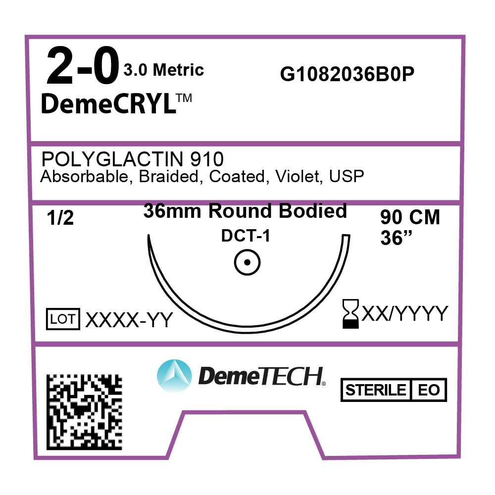 DemeCRYL, Polyglactin 910 Suture, Synthetic Absorbable, DCT-1, 36mm, 1 ...