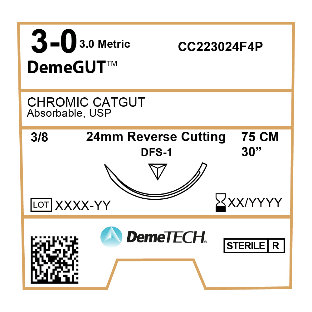 DemeGUT, Chromic Catgut Suture, Absorbable, DFS-1, 24mm, 3/8 Circle, Reverse Cutting Needle, Brown, USP Size 3-0, 30 inches, (75cm)