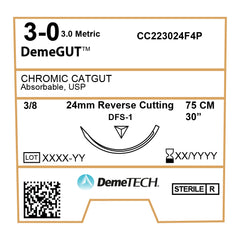 DemeGUT, Chromic Catgut Suture, Absorbable, DFS-1, 24mm, 3/8 Circle, Reverse Cutting Needle, Brown, USP Size 3-0, 30 inches, (75cm)