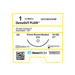 DemeGUT Plain, Plain Catgut Suture, Absorbable, DTE, 31mm, 3/8 Circle, Round Bodied Needle, Beige, USP Size 1, 27 inches, (70cm)