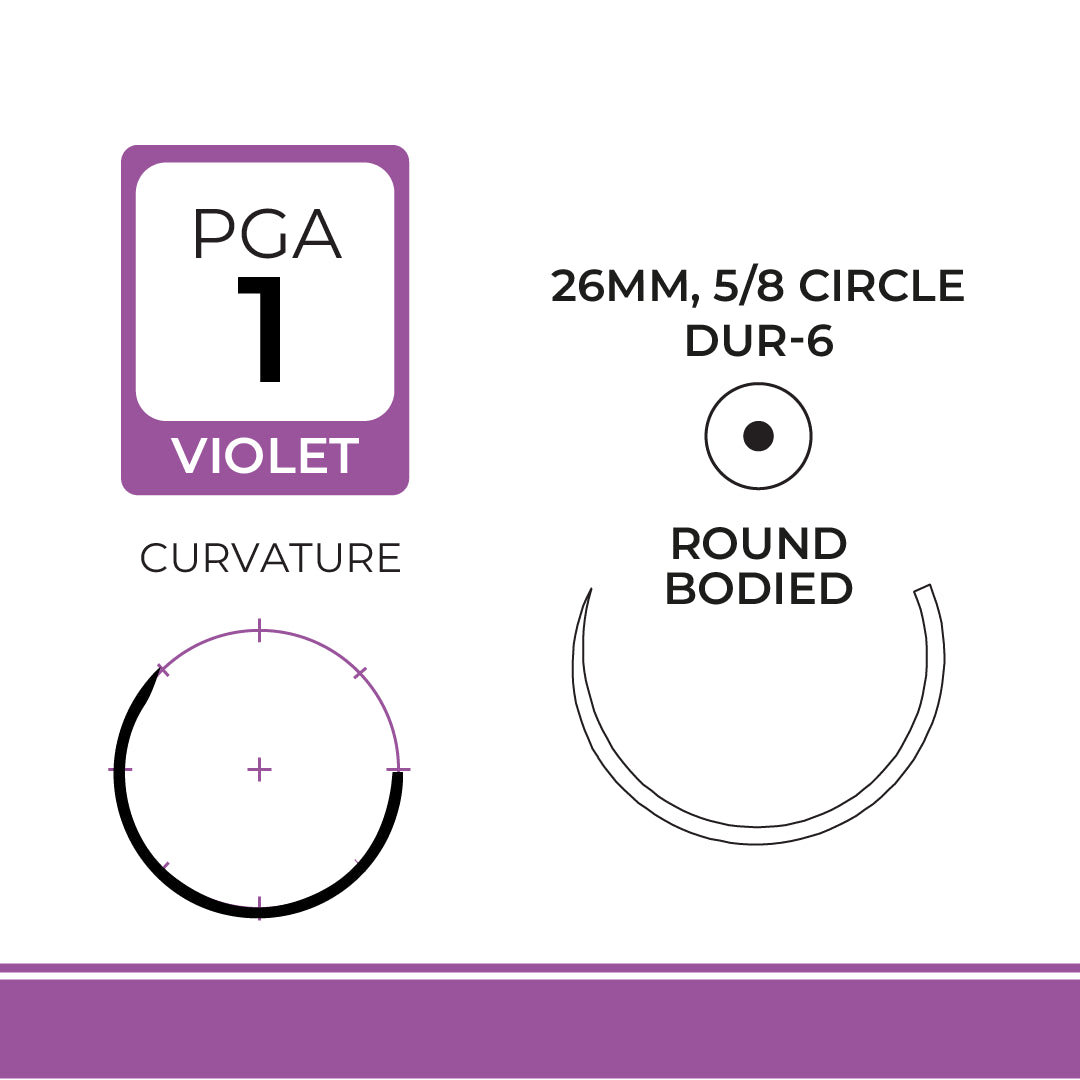 DemeSORB, Polyglycolic Acid Suture, Synthetic Absorbable, DUR-6, 26mm, 5/8 Circle, Round Bodied Needle, Violet, USP Size 1, 30 inches, (75cm)