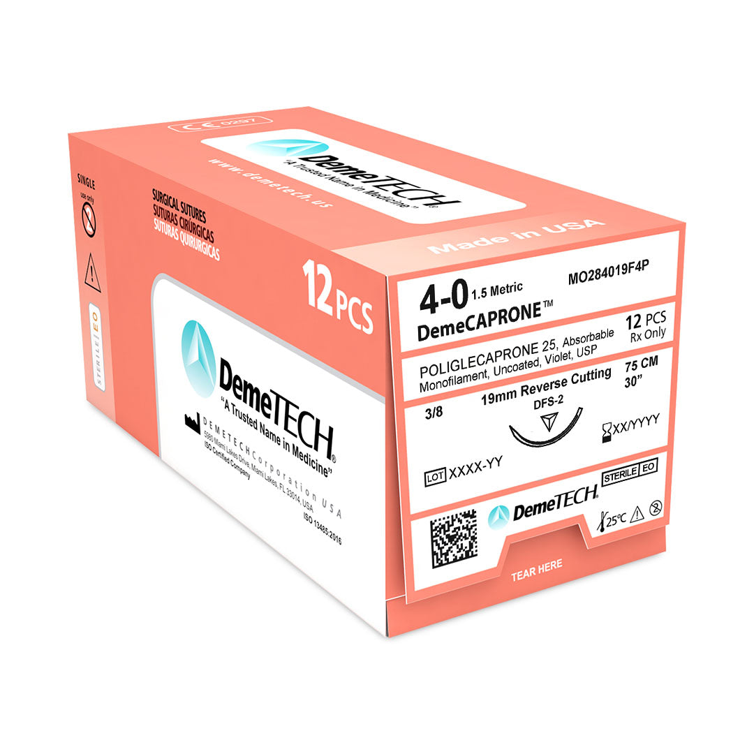 DemeCAPRONE, Poliglecaprone 25` Suture, Synthetic Absorbable, DFS-2, 19mm, 3/8 Circle, Reverse Cutting Needle, Violet, USP Size 4-0, 30 inches, (75cm)