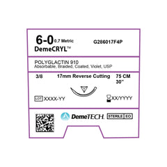 DemeCRYL, Polyglactin 910 Suture, Synthetic Absorbable, , 17mm, 3/8 Circle, Reverse Cutting Needle, Violet, USP Size 6-0, 30 inches, (75cm)