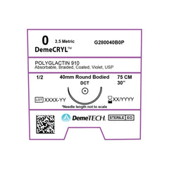 DemeCRYL, Polyglactin 910 Suture, Synthetic Absorbable, DCT, 40mm, 1/2 Circle, Round Bodied Needle, Violet, USP Size 0, 30 inches, (75cm)