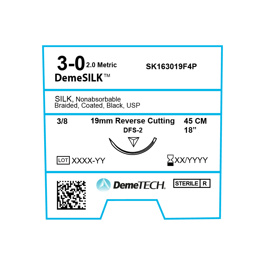 DemeSILK, Silk Suture, Synthetic Non-absorbable, DFS-2, 19mm, 3/8 Circle, Reverse Cutting Needle, Black, USP Size 3-0, 18 inches, (45cm)