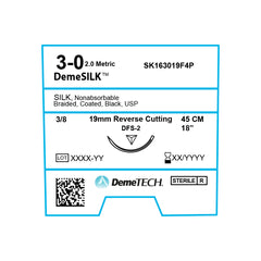 DemeSILK, Silk Suture, Synthetic Non-absorbable, DFS-2, 19mm, 3/8 Circle, Reverse Cutting Needle, Black, USP Size 3-0, 18 inches, (45cm)