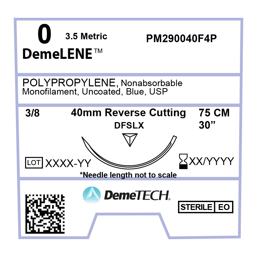 DemeLENE, Polypropylene Suture, Synthetic Non-absorbable, DFSLX, 40mm, 3/8 Circle, Reverse Cutting Needle, Blue, USP Size 0, 30 inches, (75cm)