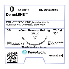 DemeLENE, Polypropylene Suture, Synthetic Non-absorbable, DFSLX, 40mm, 3/8 Circle, Reverse Cutting Needle, Blue, USP Size 0, 30 inches, (75cm)