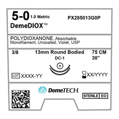 DemeDIOX, Polydioxanone Suture, Synthetic Absorbable, DC-1, 13mm, 3/8 Circle (DOUBLE), Round Bodied Needle, Violet, USP Size 5-0, 30 inches, (75cm)