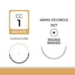 DemeGUT, Chromic Catgut Suture, Absorbable, DCT, 40mm, 1/2 Circle, Round Bodied Needle, Brown, USP Size 1, 27 inches, (70cm)