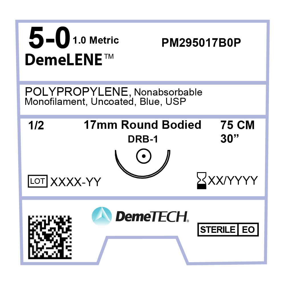 DemeLENE, Polypropylene Suture, Synthetic Non-absorbable, DRB-1, 17mm, 1/2 Circle, Round Bodied Needle, Blue, USP Size 5-0, 30 inches, (75cm)