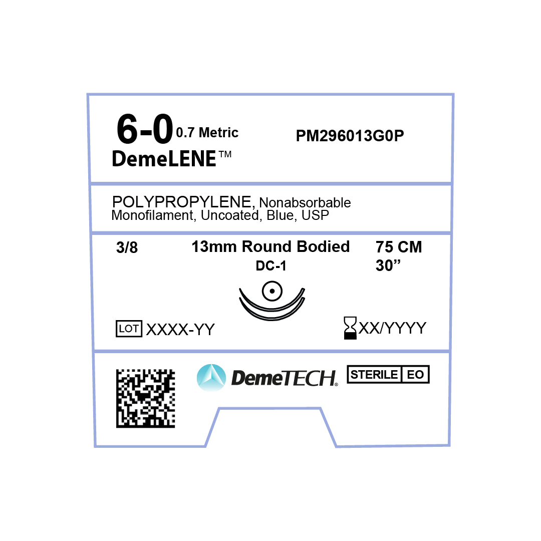 DemeLENE, Polypropylene Suture, Synthetic Non-absorbable, DC-1, 13mm, 3/8 Circle (DOUBLE), Round Bodied Needle, Blue, USP Size 6-0, 30 inches, (75cm)