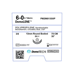 DemeLENE, Polypropylene Suture, Synthetic Non-absorbable, DC-1, 13mm, 3/8 Circle (DOUBLE), Round Bodied Needle, Blue, USP Size 6-0, 30 inches, (75cm)