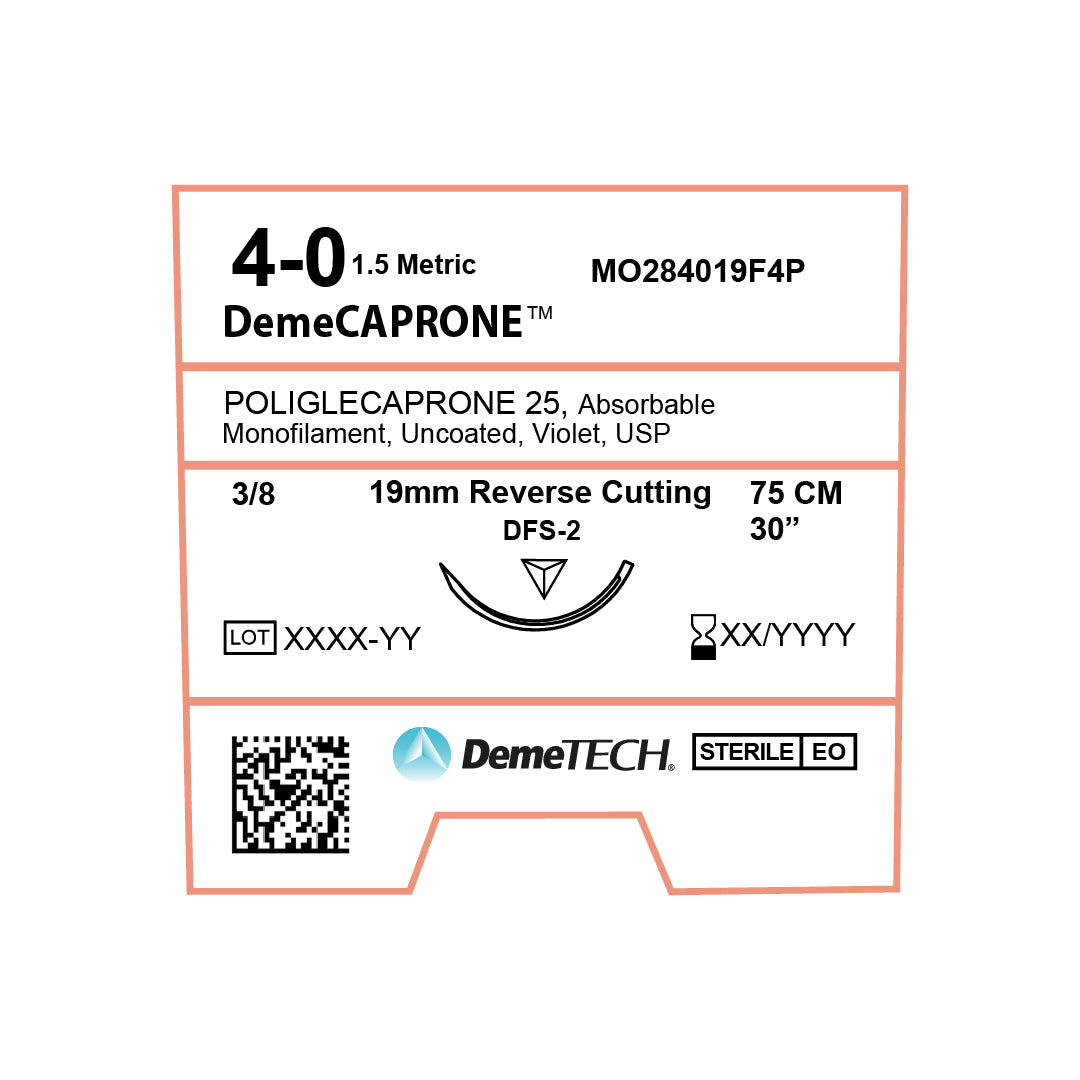 DemeCAPRONE, Poliglecaprone 25` Suture, Synthetic Absorbable, DFS-2, 19mm, 3/8 Circle, Reverse Cutting Needle, Violet, USP Size 4-0, 30 inches, (75cm)