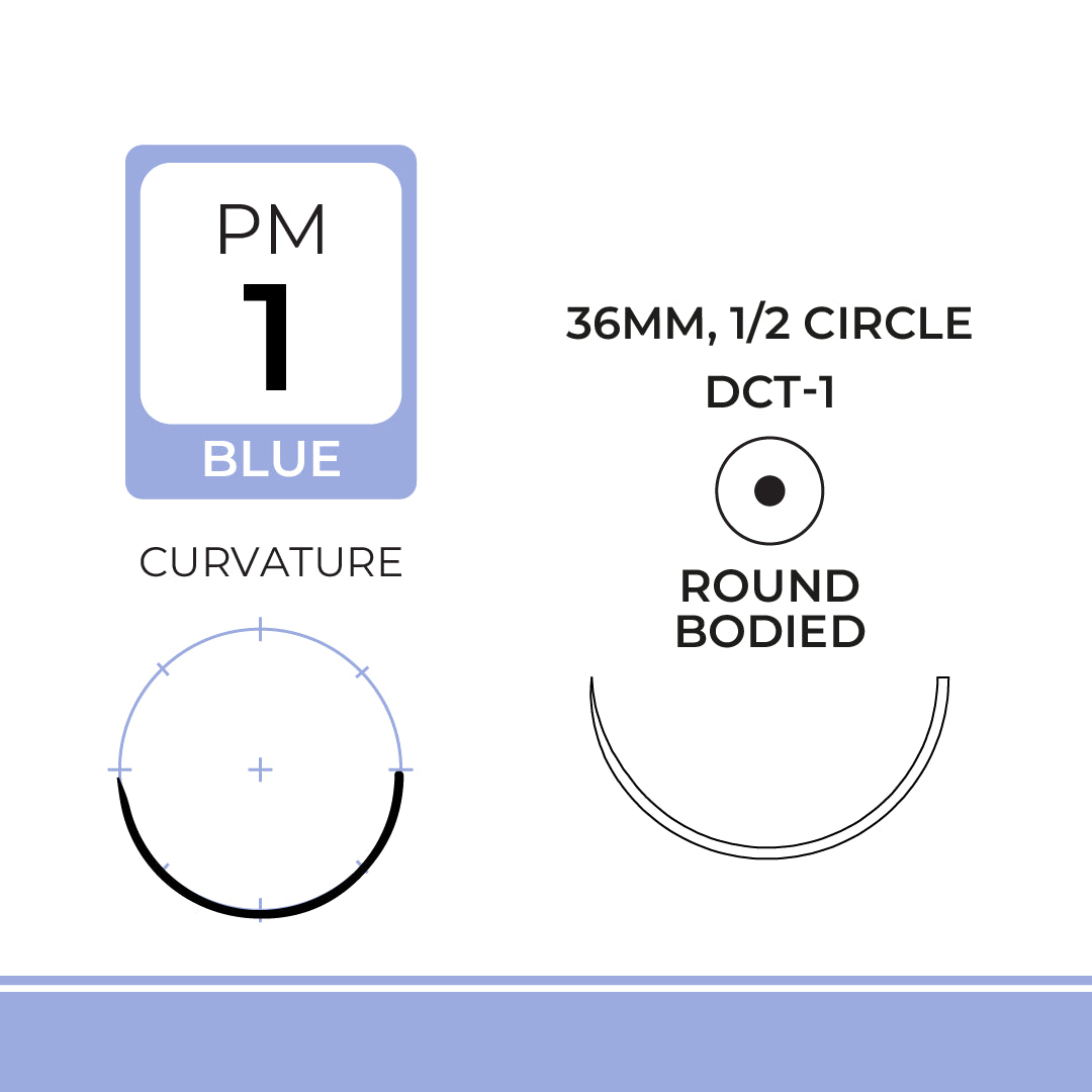 DemeLENE, Polypropylene Suture, Synthetic Non-absorbable, DCT-1, 36mm, 1/2 Circle, Round Bodied Needle, Blue, USP Size 1, 30 inches, (75cm)