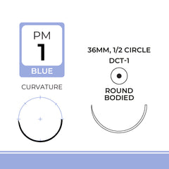 DemeLENE, Polypropylene Suture, Synthetic Non-absorbable, DCT-1, 36mm, 1/2 Circle, Round Bodied Needle, Blue, USP Size 1, 30 inches, (75cm)