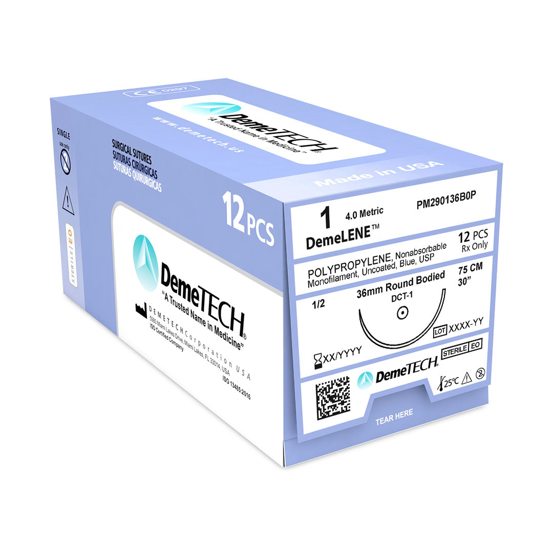 DemeLENE, Polypropylene Suture, Synthetic Non-absorbable, DCT-1, 36mm, 1/2 Circle, Round Bodied Needle, Blue, USP Size 1, 30 inches, (75cm)