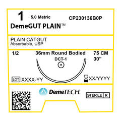 DemeGUT PLAIN, Plain Catgut Suture, Absorbable, DCT-1, 36mm, 1/2 Circle, Round Bodied Needle, Beige, USP Size 1, 30 inches, (75cm)