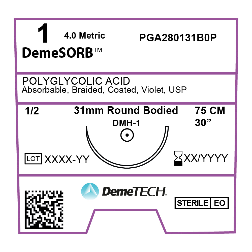 DemeSORB, Polyglycolic Acid Suture, Synthetic Absorbable, DMH-1, 31mm, 1/2 Circle, Round Bodied Needle, Violet, USP Size 1, 30 inches, (75cm)