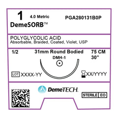 DemeSORB, Polyglycolic Acid Suture, Synthetic Absorbable, DMH-1, 31mm, 1/2 Circle, Round Bodied Needle, Violet, USP Size 1, 30 inches, (75cm)
