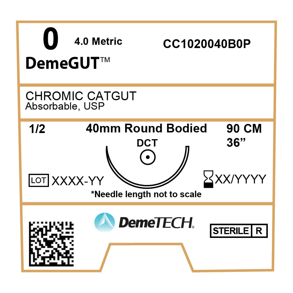 DemeGUT, Chromic Catgut Suture, Absorbable, DCT, 40mm, 1/2 Circle, Rou ...