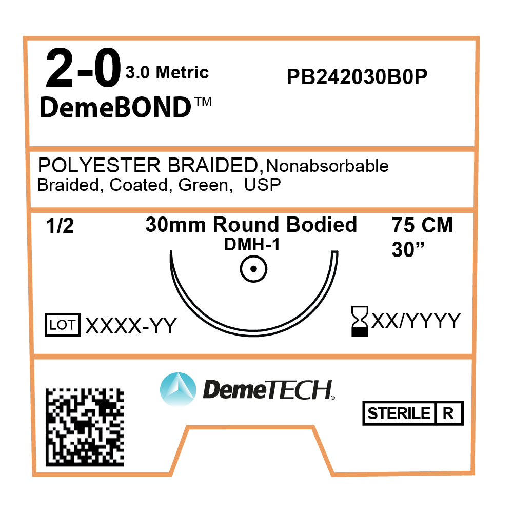 DemeBOND, Polyester (Braided) Suture, Synthetic Non-absorbable, DMH-1, 30mm, 1/2 Circle, Round Bodied Needle, Green, USP Size 2-0, 30 inches, (75cm)