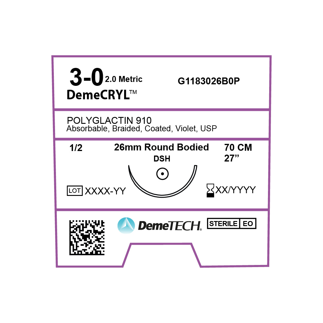 DemeCRYL, Polyglactin 910 Suture, Synthetic Absorbable, DSH, 26mm, 1/2 Circle, Round Bodied Needle, Violet, USP Size 3-0, 27 inches, (70cm)