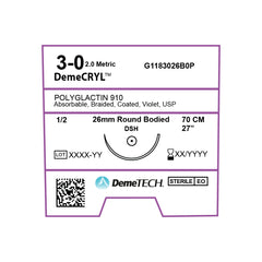 DemeCRYL, Polyglactin 910 Suture, Synthetic Absorbable, DSH, 26mm, 1/2 Circle, Round Bodied Needle, Violet, USP Size 3-0, 27 inches, (70cm)