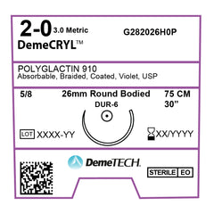 DemeCRYL, Polyglactin 910 Suture, Synthetic Absorbable, DUR-6, 26mm, 5/8 Circle, Round Bodied Needle, Violet, USP Size 2-0, 30 inches, (75cm)