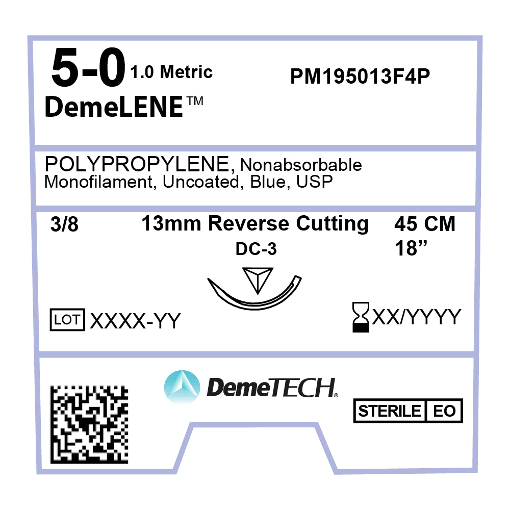 DemeLENE, Polypropylene Suture, Synthetic Non-absorbable, DC-3, 13mm, 3/8 Circle, Reverse Cutting Needle, Blue, USP Size 5-0, 18 inches, (45cm)