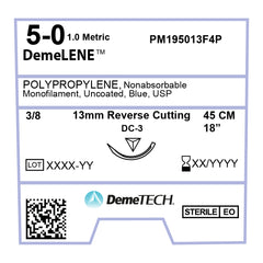 DemeLENE, Polypropylene Suture, Synthetic Non-absorbable, DC-3, 13mm, 3/8 Circle, Reverse Cutting Needle, Blue, USP Size 5-0, 18 inches, (45cm)