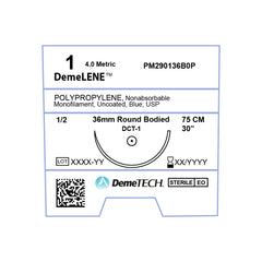 DemeLENE, Polypropylene Suture, Synthetic Non-absorbable, DCT-1, 36mm, 1/2 Circle, Round Bodied Needle, Blue, USP Size 1, 30 inches, (75cm)