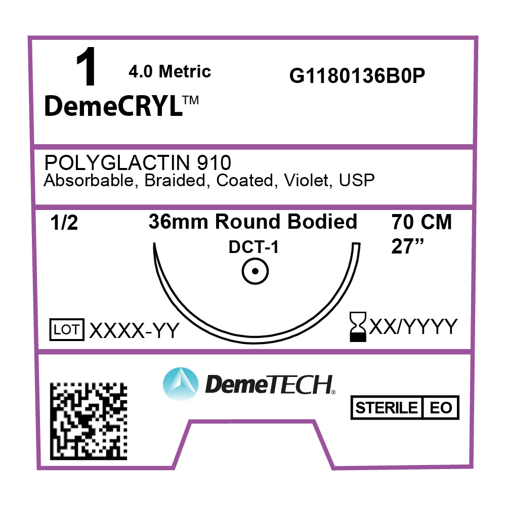 DemeCRYL, Polyglactin 910 Suture, Synthetic Absorbable, DCT-1, 36mm, 1/2 Circle, Round Bodied Needle, Violet, USP Size 1, 28 inches, (70cm)