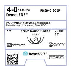 DemeLENE, Polypropylene Suture, Synthetic Non-absorbable, DRB-1, 17mm, 1/2 Circle (DOUBLE), Round Bodied Needle, Blue, USP Size 4-0, 30 inches, (75cm)