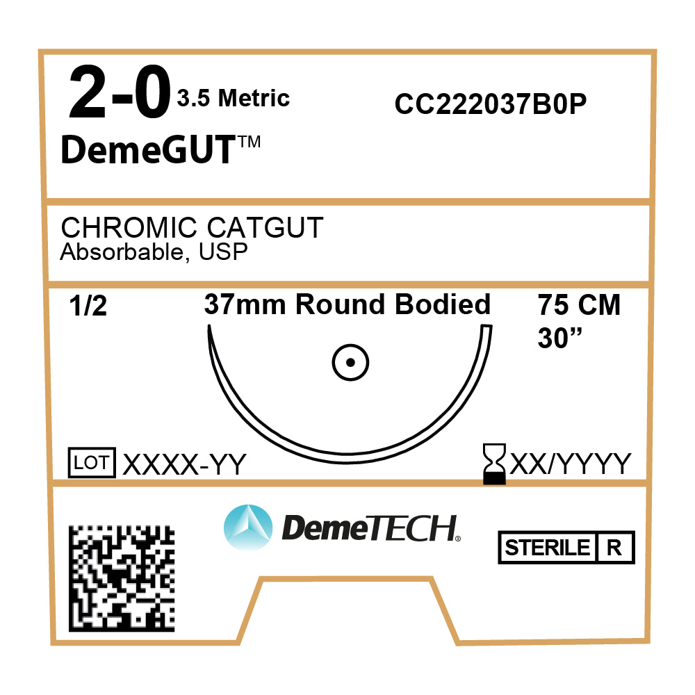 DemeGUT, Chromic Catgut Suture, Absorbable, , 37mm, 1/2 Circle, Round Bodied Needle, Brown, USP Size 2-0, 30 inches, (75cm)