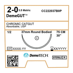 DemeGUT, Chromic Catgut Suture, Absorbable, , 37mm, 1/2 Circle, Round Bodied Needle, Brown, USP Size 2-0, 30 inches, (75cm)