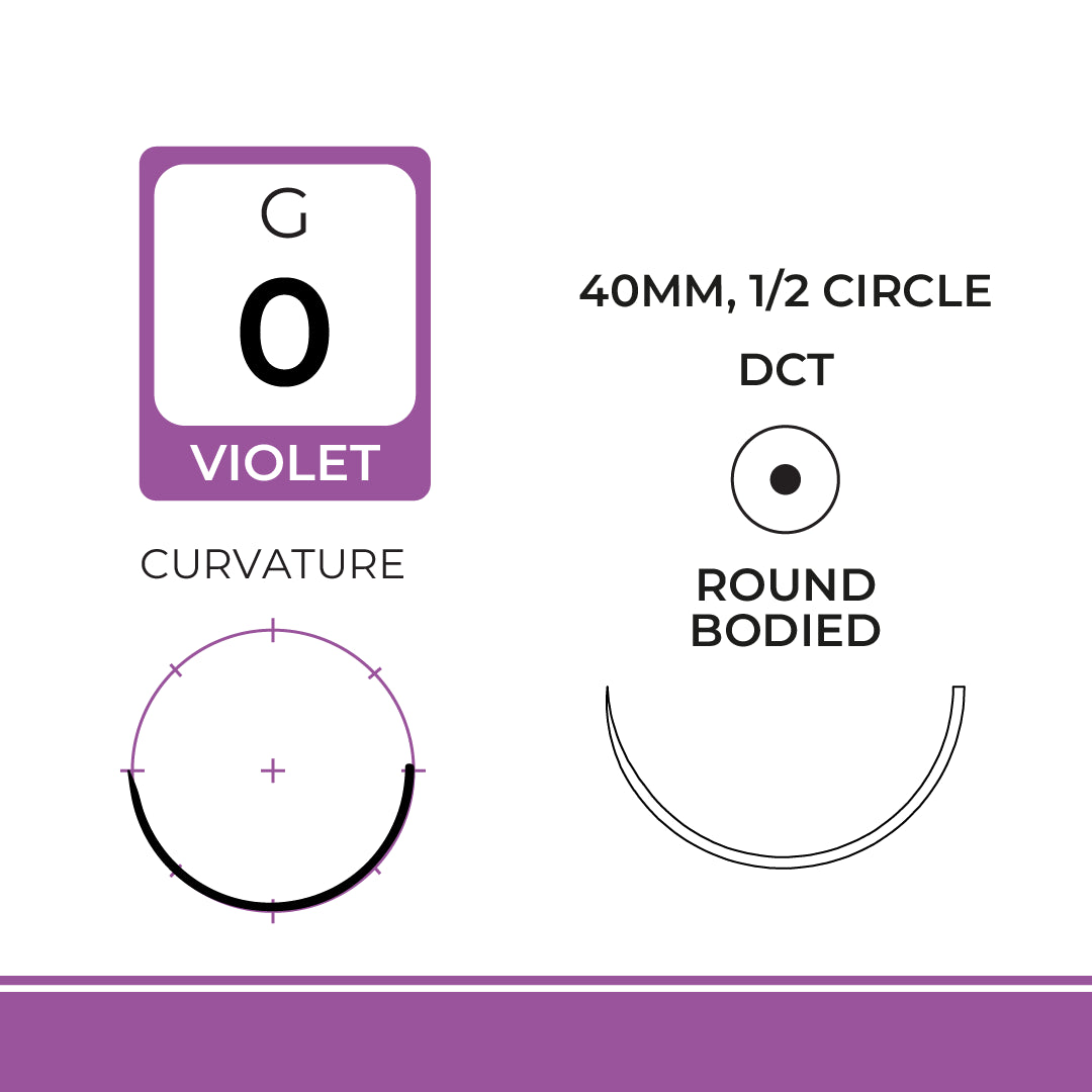 DemeCRYL, Polyglactin 910 Suture, Synthetic Absorbable, DCT, 40mm, 1/2 Circle, Round Bodied Needle, Violet, USP Size 0, 30 inches, (75cm)