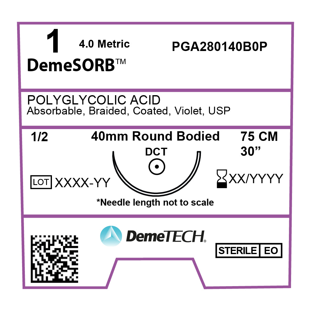 DemeSORB, Polyglycolic Acid Suture, Synthetic Absorbable, DCT, 40mm, 1/2 Circle, Round Bodied Needle, Violet, USP Size 1, 30 inches, (75cm)