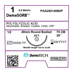 DemeSORB, Polyglycolic Acid Suture, Synthetic Absorbable, DCT, 40mm, 1/2 Circle, Round Bodied Needle, Violet, USP Size 1, 30 inches, (75cm)