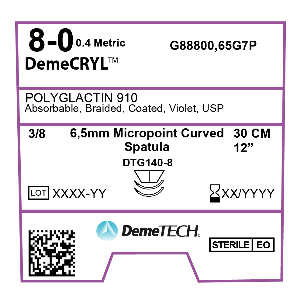 DemeCRYL, Polyglactin 910 Suture, Synthetic Absorbable, DTG140-8, 6,5mm, 3/8 Circle (DOUBLE), Micropoint Curved Spatula Needle, Violet, USP Size 8-0, 12 inches, (30cm)