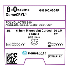 DemeCRYL, Polyglactin 910 Suture, Synthetic Absorbable, DTG140-8, 6,5mm, 3/8 Circle (DOUBLE), Micropoint Curved Spatula Needle, Violet, USP Size 8-0, 12 inches, (30cm)