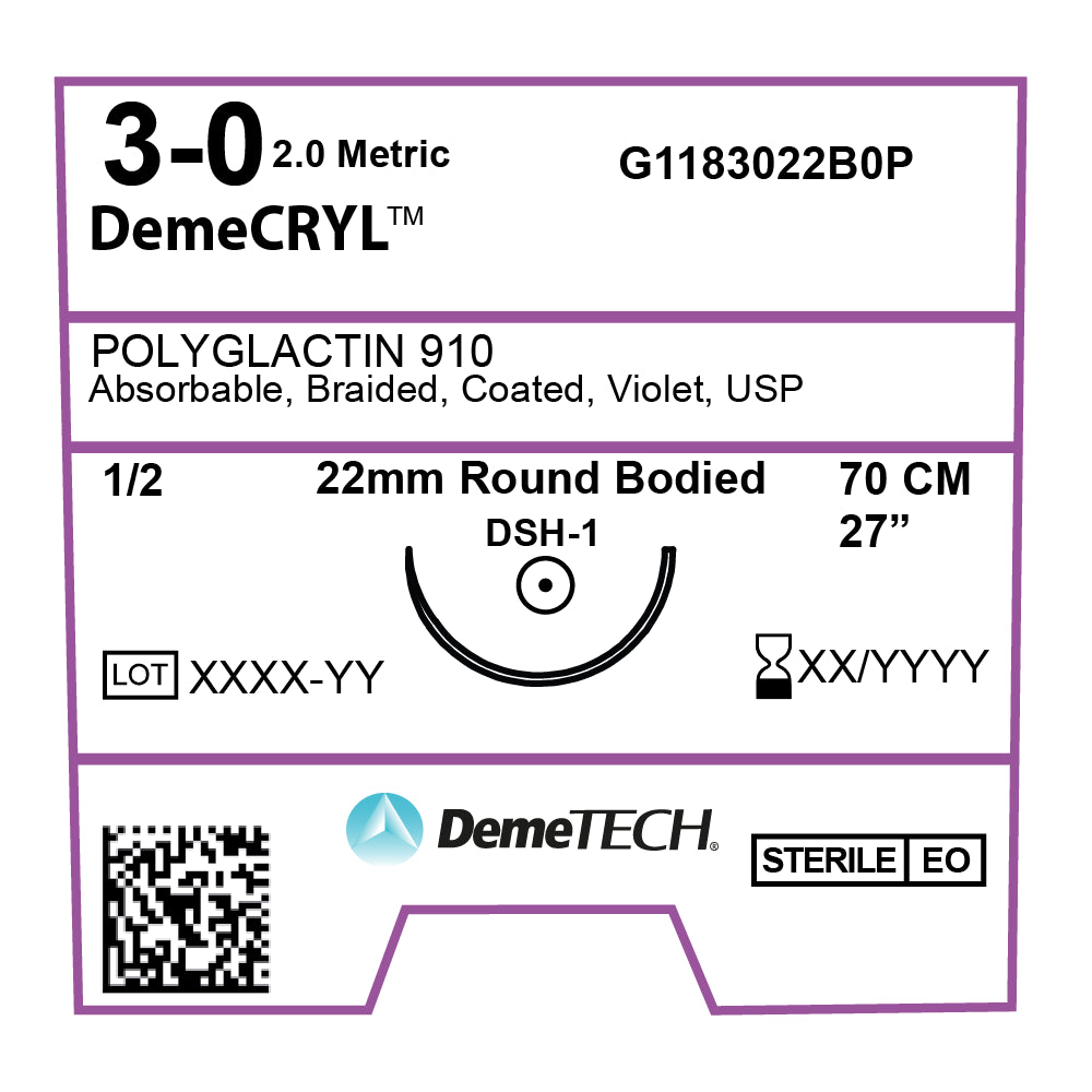 DemeCRYL, Polyglactin 910 Suture, Synthetic Absorbable, DSH-1, 22mm, 1/2 Circle, Round Bodied Needle, Violet, USP Size 3-0, 28 inches, (70cm)