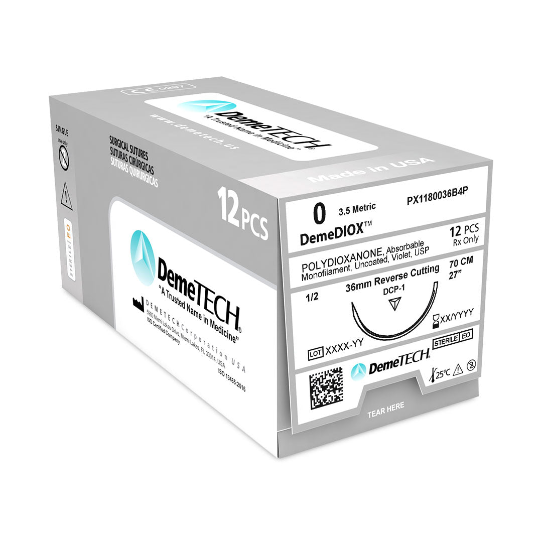 DemeDIOX, Polydioxanone Suture, Synthetic Absorbable, DCP-1, 36mm, 1/2 Circle, Reverse Cutting Needle, Violet, USP Size 0, 27 inches, (70cm)