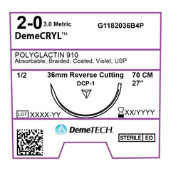 DemeCRYL, Polyglactin 910 Suture, Synthetic Absorbable, DCP-1, 36mm, 1/2 Circle, Reverse Cutting Needle, Violet, USP Size 2-0, 28 inches, (70cm)
