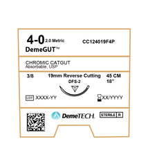 DemeGUT, Chromic Catgut Suture, Absorbable, DFS-2, 19mm, 3/8 Circle, Reverse Cutting Needle, Brown, USP Size 4-0, 18 inches, (45cm)