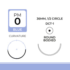 DemeLENE, Polypropylene Suture, Synthetic Non-absorbable, DCT-1, 36mm, 1/2 Circle, Round Bodied Needle, Blue, USP Size 0, 30 inches, (75cm)