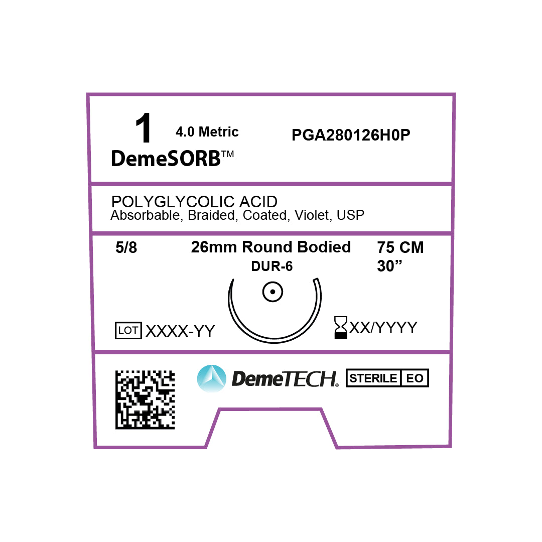 DemeSORB, Polyglycolic Acid Suture, Synthetic Absorbable, DUR-6, 26mm, 5/8 Circle, Round Bodied Needle, Violet, USP Size 1, 30 inches, (75cm)