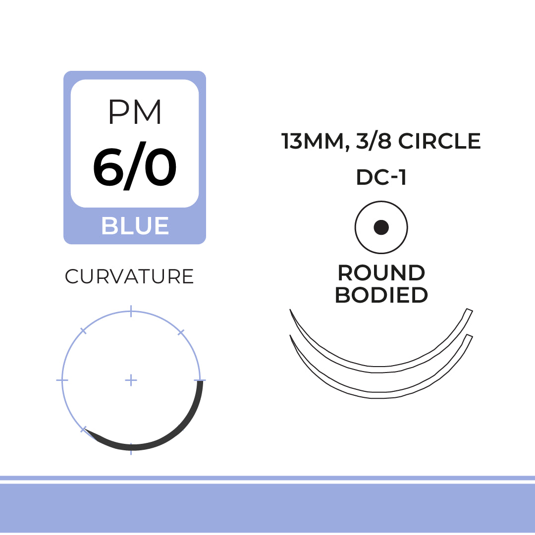 DemeLENE, Polypropylene Suture, Synthetic Non-absorbable, DC-1, 13mm, 3/8 Circle (DOUBLE), Round Bodied Needle, Blue, USP Size 6-0, 30 inches, (75cm)