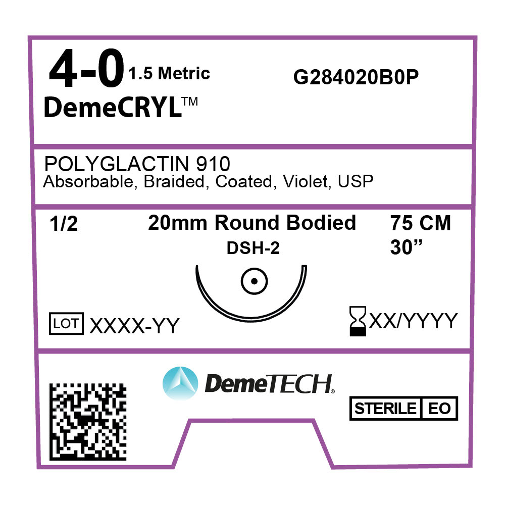 DemeCRYL, Polyglactin 910 Suture, Synthetic Absorbable, DSH-2, 20mm, 1/2 Circle, Round Bodied Needle, Violet, USP Size 4-0, 30 inches, (75cm)